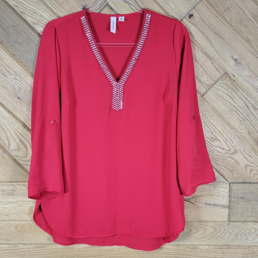 Tacera Red V-Neck Womens Tunic Top Blouse Rhinestones Roll-Up Sleeves Size M